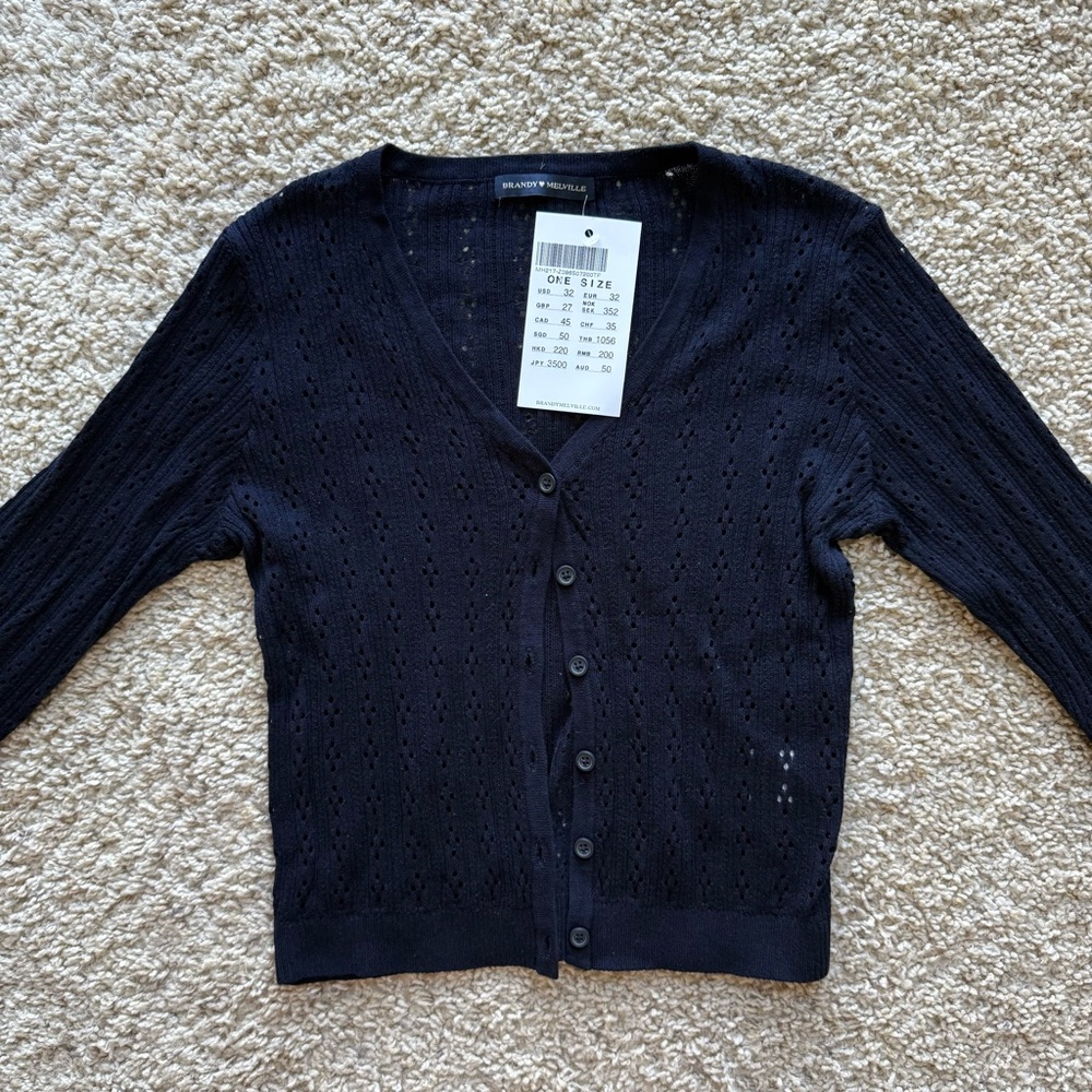 NWT Brandy Melville Knit Cardigan Navy Blue Fitted Soft Girl Coquette Minimalist - Picture 2 of 9